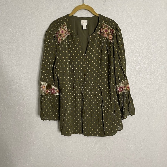 Chicos Green Metallic Polka Dot Floral Boho Blouse 2/L - Picture 8 of 9